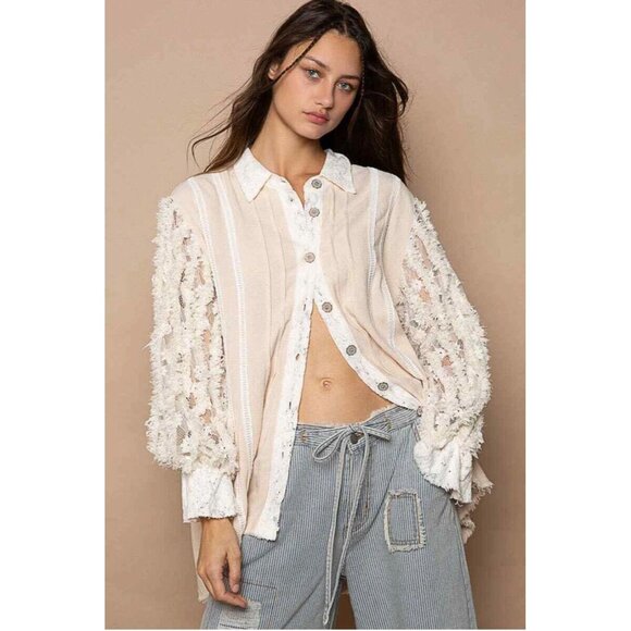 POL Anthropologie Oversized Shirt Women L Lace Long Balloon Sleeve Button Pearl - Picture 9 of 9
